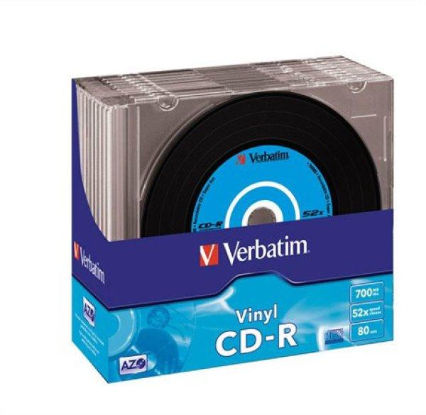 CD-R lemez, bakelit lemez-szerű felület, AZO, 700MB, 52x, 10 db, vékony tok,
VERBATIM "Vinyl"