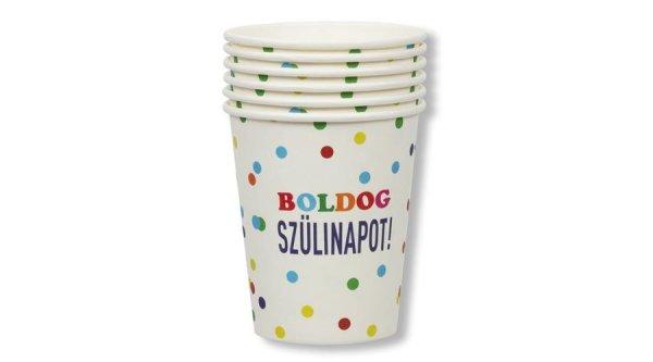 Színes pöttyös Boldog szülinapot feliratos papírpohár 250 ml 6 db