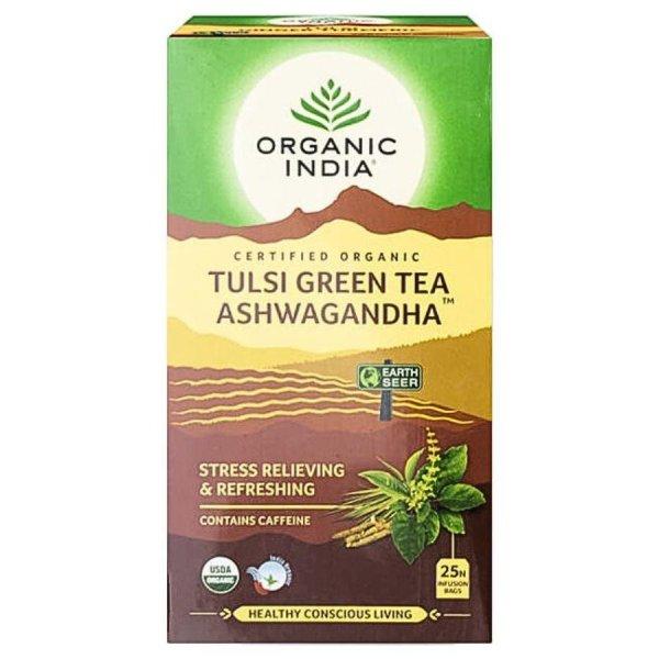 Tulsi GREEN TEA ASHWAGANDA, filteres bio tea, 25 filter - Organic India -
Közeli lejáratú!