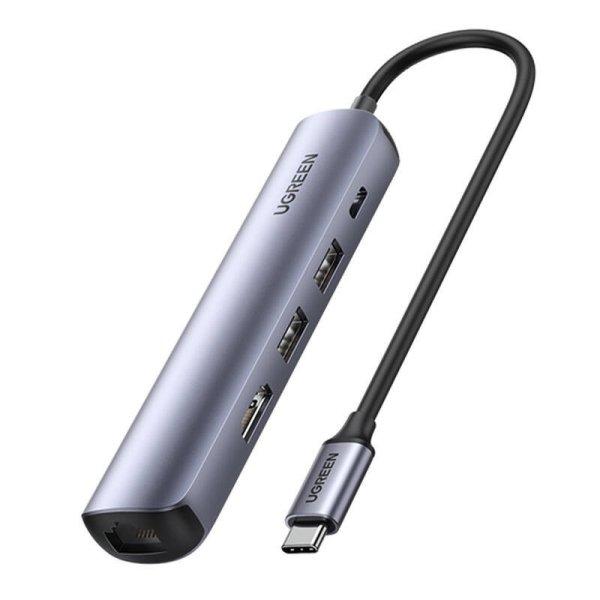 Hub / Adapter Ugreen CM418 USB-C 2x USB-hez, HDMI 4K 30 Hz, RJ45 1Gbps, PD 100W
(szürke).