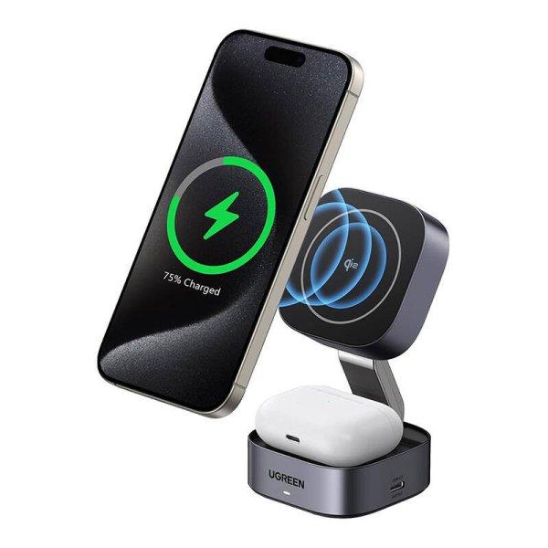 2 az 1-ben induktív Qi töltő Ugreen W702 iPhone-hoz, AirPods, 15 W (szürke)