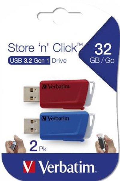 Pendrive, 2 x 32GB, USB 3.2, 80/25MB/sec, VERBATIM "Store n Click",
piros, kék