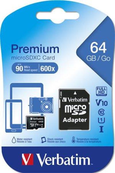 Memóriakártya, microSDXC, 64GB, CL10/U1, 90/10 MB/s, adapter, VERBATIM
"Premium"