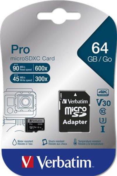 Memóriakártya, microSDXC, 64GB, CL10/U3, 90/45 MB/s, adapter, VERBATIM
"PRO"