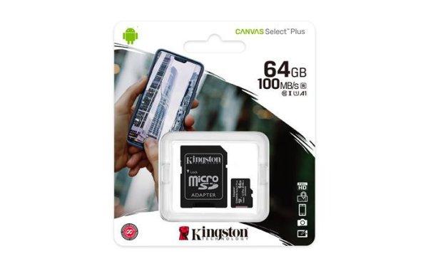 Memóriakártya, microSDXC,64GB, CL10/UHS-I/U1/V10/A1, adapter, KINGSTON
"Canvas Select Plus"