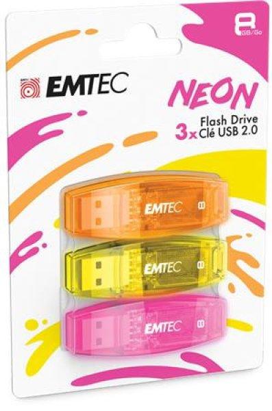 Pendrive, 8GB, 3 db, USB 2.0, EMTEC "C410 Neon", narancs,
citromsárga, rózsaszín