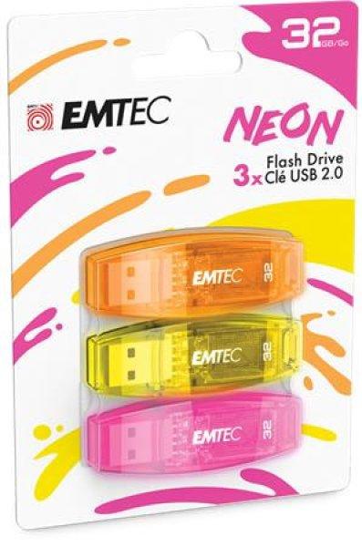 Pendrive, 32GB, 3 db, USB 2.0, EMTEC "C410 Neon", narancs,
citromsárga, rózsaszín