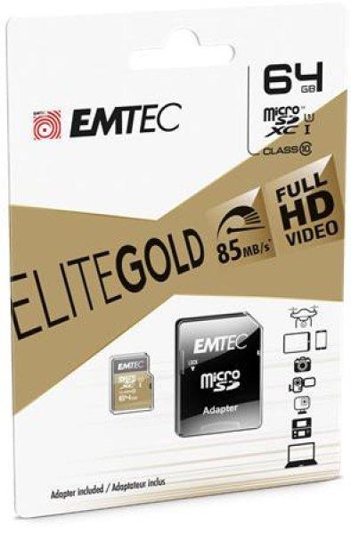 Memóriakártya, microSDXC, 64GB, UHS-I/U1, 85/20 MB/s, adapter, EMTEC
"Elite Gold"