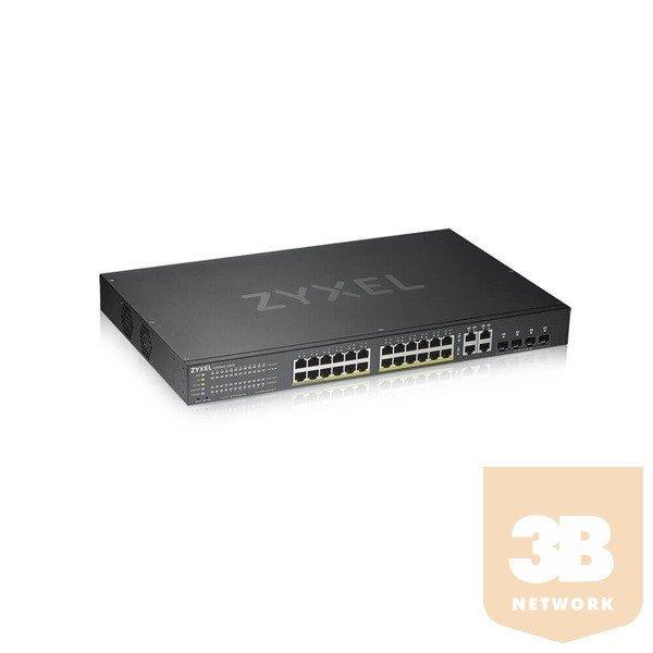 ZYXEL Switch 24x1000Mbps (24xPOE) +4xGigabit kombó SFP+, Fémházas
Menedzselhető, (24xGbE POE port), GS1920-24HPV2-EU0101