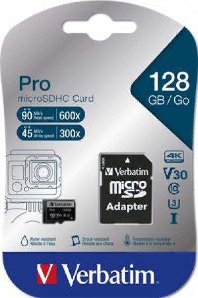 Memóriakártya, microSDXC, 128GB, CL10/U3, 90/45 MB/s, adapter, VERBATIM
"PRO"