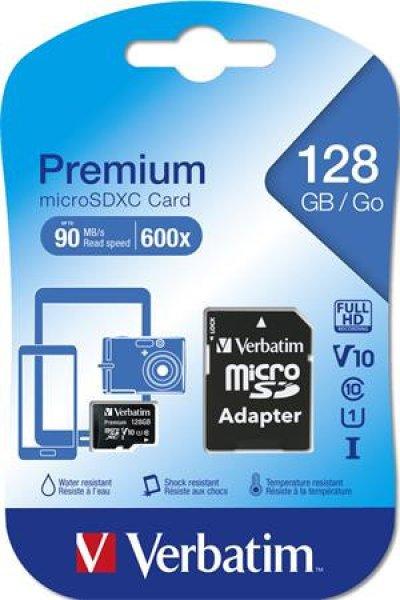 Memóriakártya, microSDXC, 128GB, CL10/U1, 90/10 MB/s, adapter, VERBATIM
"Premium"