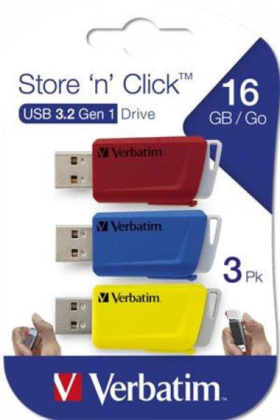 Pendrive, 3 x 16GB, USB 3.2, 80/25MB/sec, VERBATIM "Store n Click",
piros, kék, sárga