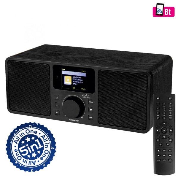 SAL INR 5000/BK internetrádió, 5 in 1, 2x5 W, Bass reflex, világrádió, FM
RDS, BT, AUX, Média Center hálózati zenetár, EQ