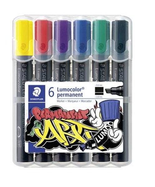 Alkoholos marker készlet, 2-5 mm, vágott, STAEDTLER "Lumocolor®
350", 6 különböző szín