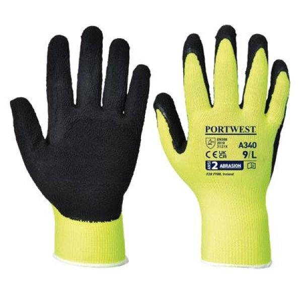 Védőkesztyű, nylon, latexhab, tenyerén mártott, L méret "Hi-Vis
Grip", sárga