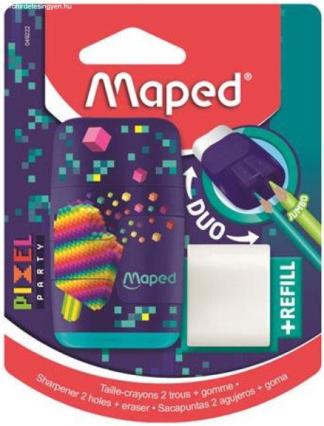 Hegyező és radír, kétlyukú, tartályos, pótradírral, MAPED "Pixel
Party Connect"