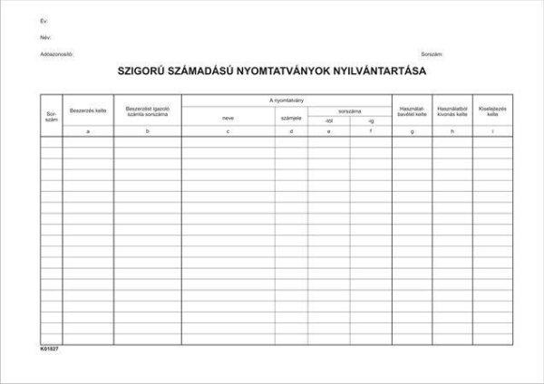 Nyomtatvány, szigorú számadású nyomtatványok nyilvántartása, 25 lap, A4,
VICTORIA PAPER, 10 tömb/csomag