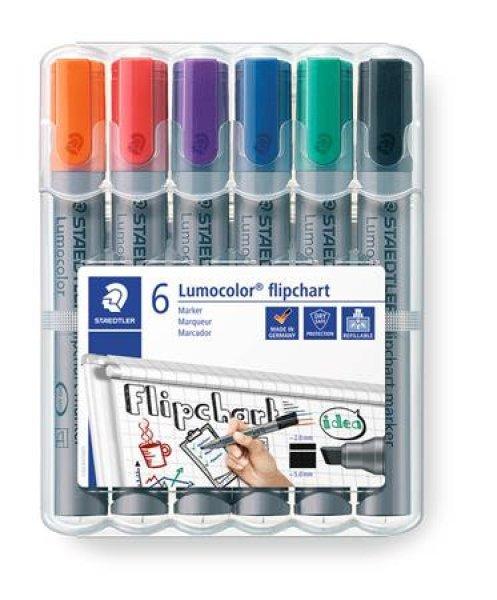 Flipchart marker készlet, 2-5 mm, vágott, STAEDTLER "Lumocolor 356
B", 6 különböző szín