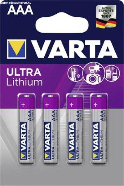 Elem, AAA mikro, 4 db, lítium, VARTA "Ultra Lithium"