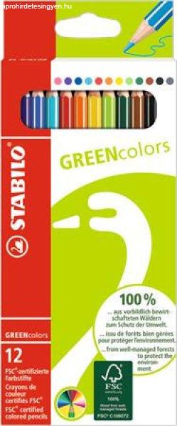 Színes ceruza készlet, hatszögletű, STABILO "GreenColors", 12
különböző szín