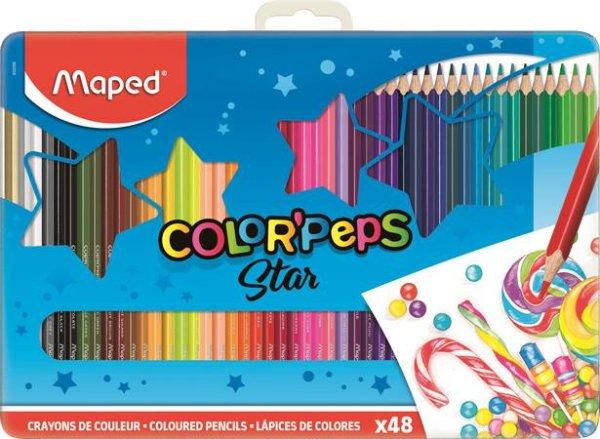 Színes ceruza készlet, háromszögletű, fém doboz, MAPED
"Color'Peps Star", 48 különböző szín