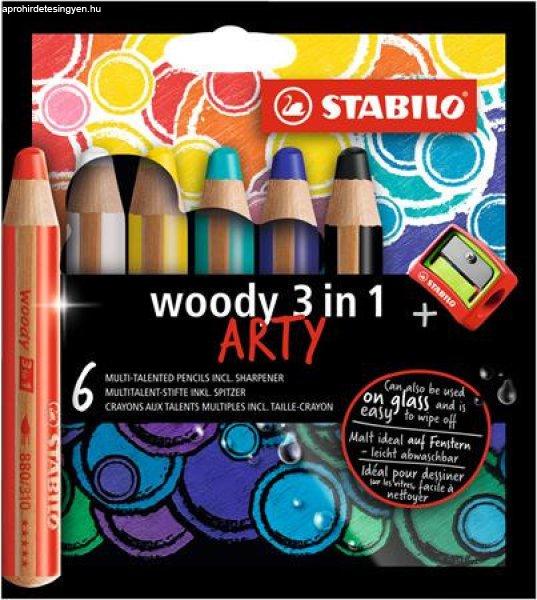 Színes ceruza készlet, kerek, vastag, STABILO "Woody ARTY 3 in 1", 6
különböző szín