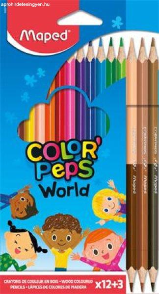 Színes ceruza készlet, háromszögletű, MAPED "Color'Peps
World", 12 különböző szín + 3 kétvégű bőrtónus ceruza