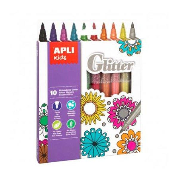 Filctoll készlet, 3,8 mm, csillámos, APLI Kids "Markers Glitter", 10
különböző szín