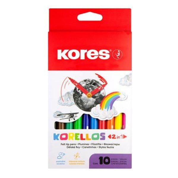 Filctoll készlet, 1-3 mm, kimosható, KORES "Korellos 2in1", 10
különböző szín