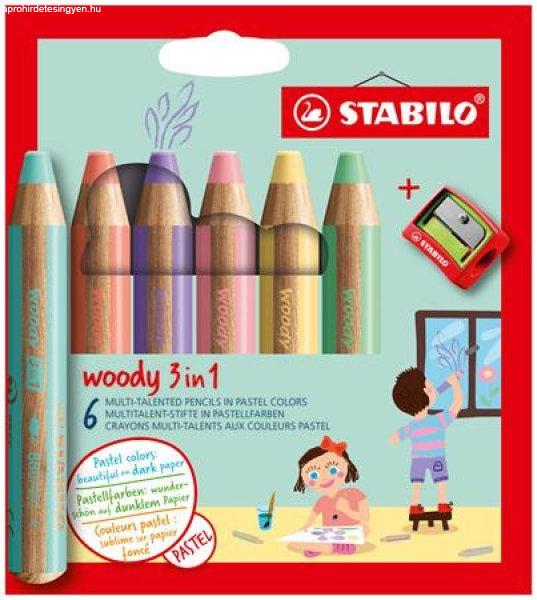 Színes ceruza készlet, kerek, vastag, STABILO "Woody 3 in 1 Pastel",
6 különböző pasztell szín