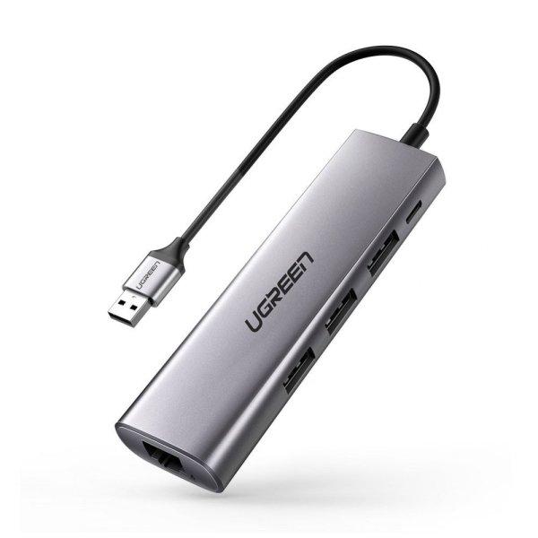 UGREEN CM266 Hub Adapter 5 az 1-ben USB, 3x USB 3.0, micro USB, RJ45 (szürke)