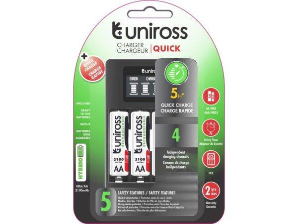 UNIROSS kompakt gyorstöltő + 4db AA/ceruza akkumulátor 1,2 V 2100 mAh