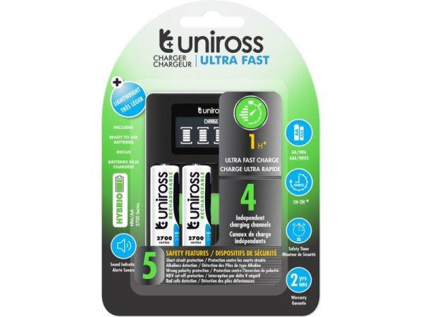 UNIROSS processzoros gyorstöltő + 4 db AA/ceruza akkumulátor 1,2 V 2700 mAh