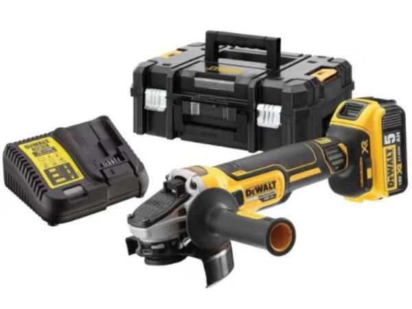 DEWALT Akkus sarokcsiszoló 125 mm 18 V szénkefe nélküli (1 x 5,0 Ah akku +
töltő + TSTAK)