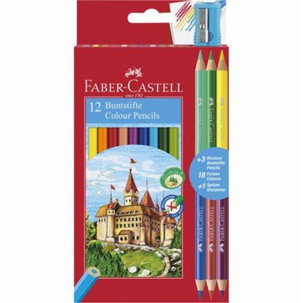 Színes ceruza készlet, hatszögletű, FABER-CASTELL, 12 különböző szín +
3 db bicolor ceruza