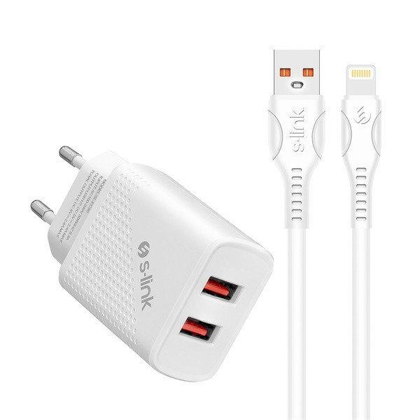 S-Link Hálózati töltő - SL-EC50L (2db USB, 5V/3A, 12W, Gyorstöltés,
Lightning, 100cm adat+töltőkábel, fehér)