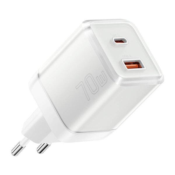 Yueqi 70 W GaN USB-C + USB-A táptöltő (fehér).