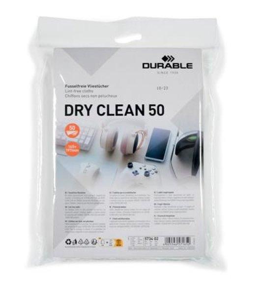 Tisztítókendő, képernyőhöz, 50 db, DURABLE "DRY CLEAN 50",
fehér