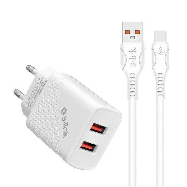 S-Link Hálózati töltő - SL-EC50T (2db USB, 5V/2.4A, 12W, Gyorstöltés, USB
Type-C, 100cm adat+töltőkábel, fehér)