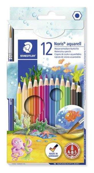 Akvarell ceruza készlet, hatszögletű, ecsettel, STAEDTLER "Noris®
aquarell 144 10", 12 különböző szín