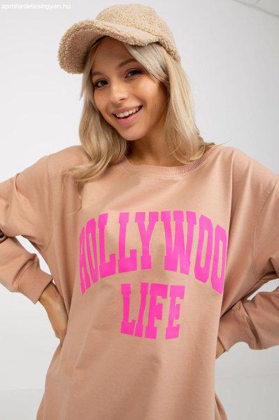 Pulóver meghosszabbított hátrésszel, Hollywood Life bézs + rózsaszín
felirattal