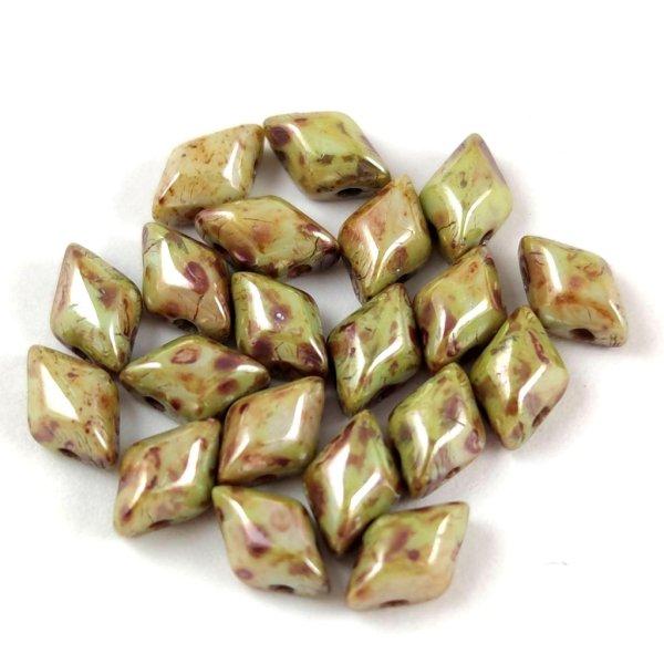 Gemduo cseh préselt üveggyöngy - Chalk White Green Brown - 8x5 mm