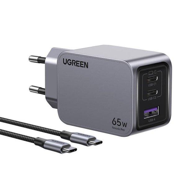 Ugreen Nexode Pro hálózati töltő, USB + 2x USB-C, 65 W + USB-C kábel 1,5 m
(fekete)