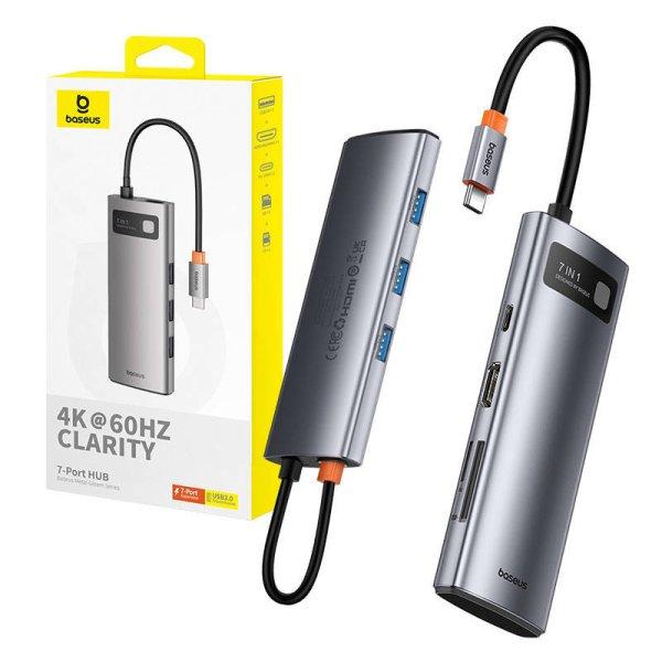 Hub 7 az 1-ben Baseus Gleam, USB-C - 1x HDMI4K 60Hz 3x USB3.0 1x PD 1x SD/TF
(szürke)