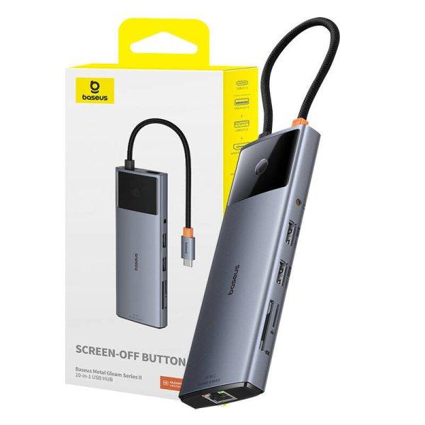 Hub 10 az 1-ben Baseus Metal Gleam II sorozat, USB-C - 1xHDMI, USB-A (10 Gbps),
USB-C, 2xUSB-A, Ethernet RJ45, SD/TF kártya, 3,5 mm-es mini jack, USB-C (PD) )