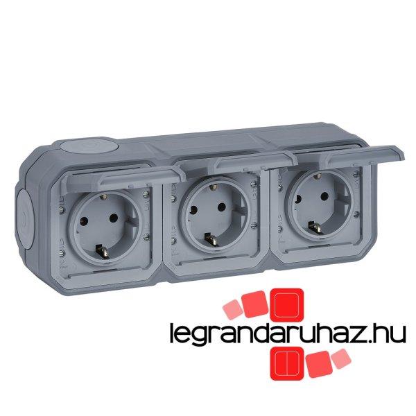 Legrand Plexo 55 falon kívüli 3x2P+F elővezetékezett vízszintes
csatlakozóaljzat csapófedéllel, összeszerelt, szürke, Legrand 069743L