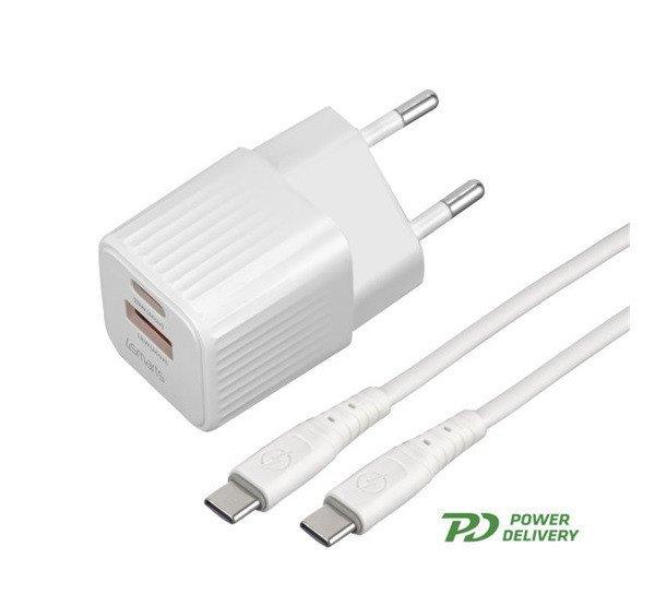 4smarts VoltPlug Duos hálózati gyorstöltő adapter, USB + Type-C + Type-C
kábel 1,5m, 20W, fehér