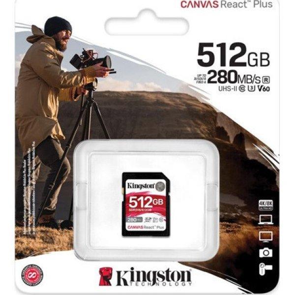 Kingston 512GB Canvas React Plus UHS-II Class10 U3 V60 SDXC memóriakártya BOX
fekete