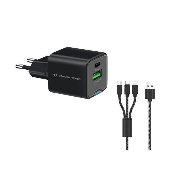 Conceptronic telefon töltő adapter+kábel - ALTHEA16B (USB-C+USB-A, 33W, 3in1
töltő kábel, fekete)