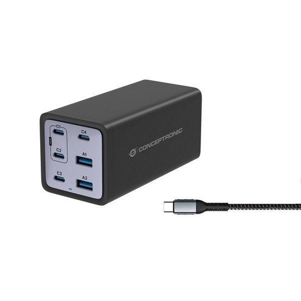 Conceptronic telefon töltő adapter - OZUL06BE (4x USB-C+2x USB-A, 200W,
fekete)